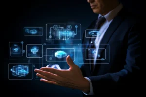 businessman interacting with futuristic graphics scaled