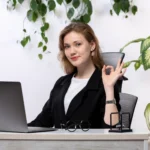 front view young lady working in white black jacket