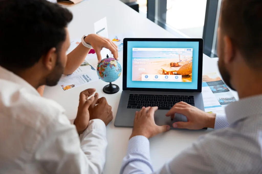 high angle man working travel agency